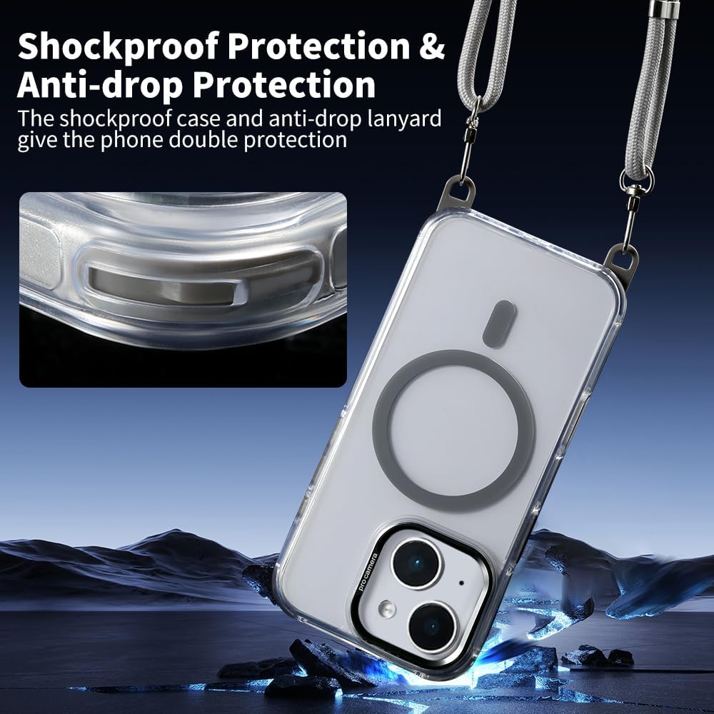 for iPhone 13/14 Case with 62.99 inch Lanyard, Classic Clear&Gray Magnetic Phone Case, Drop&Shockproof Protection Cases, Phone Lanyard for Around The Neck, Compatible with Magnet Accessory
