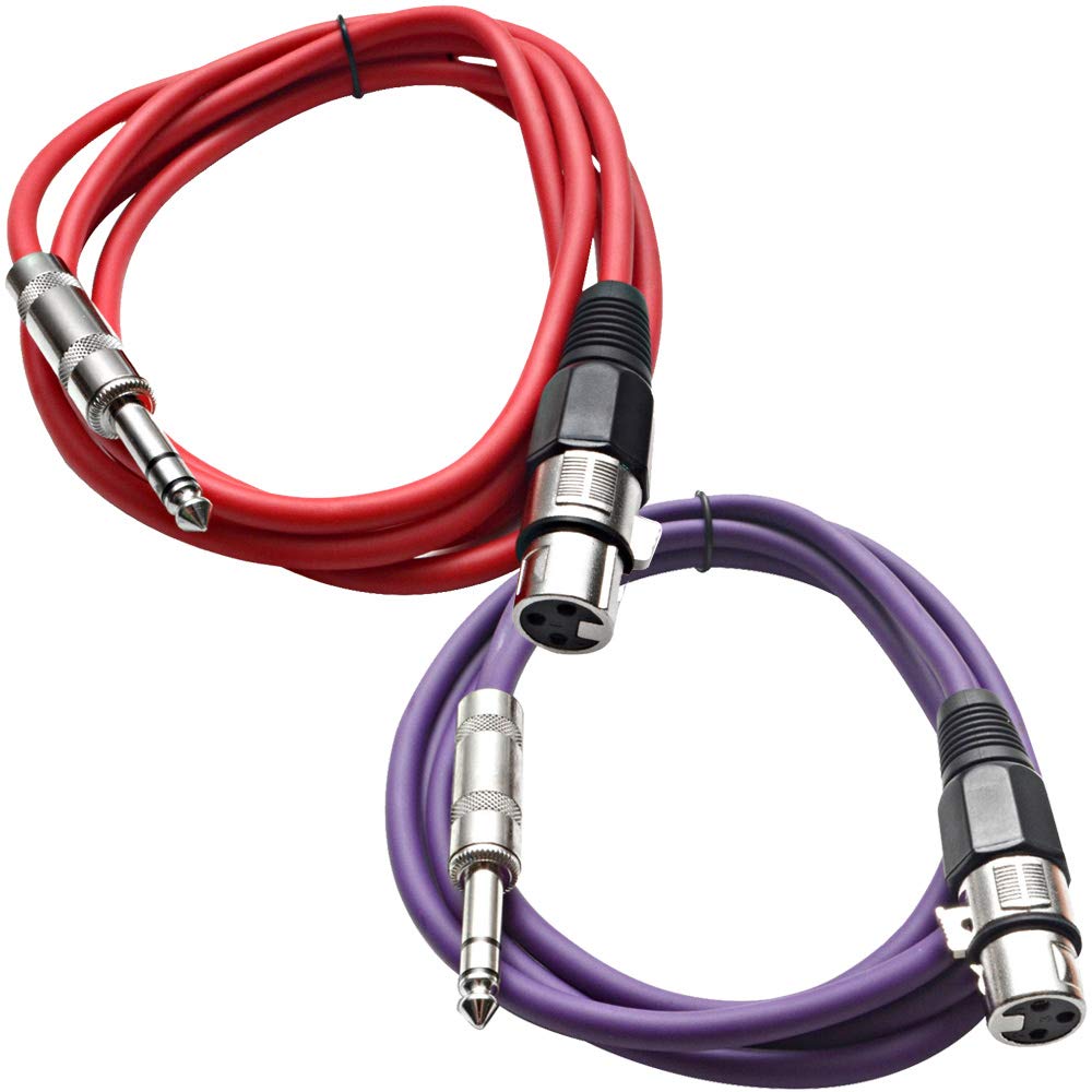 Seismic Audio - SATRXL-F6-2 Pack of 6 Foot 1/4 Inch TRS to XLR Female Patch Cables - Balanced - 6 Foot Patch Cord - Red and Purple