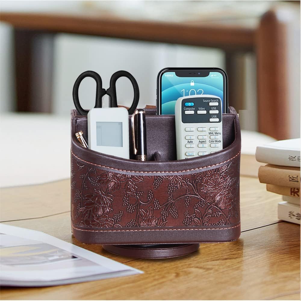 Fanousy 360° Rotating Remote Control Holder, PU Leather TV Remote Caddy Organizer Basket Storage Box with 5 Compartments for Pen, Pencil, Art Supplies, Makeup Brush, Office Desk Table Accessories