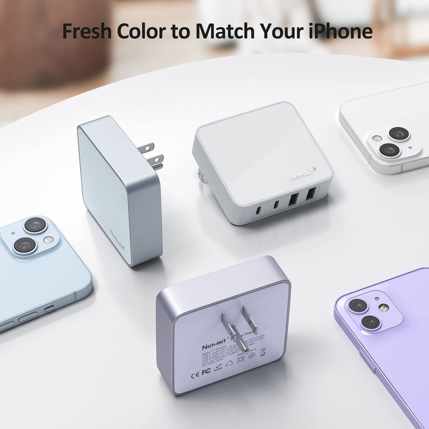 Nekmit USB C Charger, Thin Flat 52W 4-Port Fast Wall Charger with Two 20W Power Delivery and 2 USB Port for iPhone 14/14 Pro/14 Pro Max, Galaxy, Pixel, iPad Pro, AirPods Pro and More, Blue