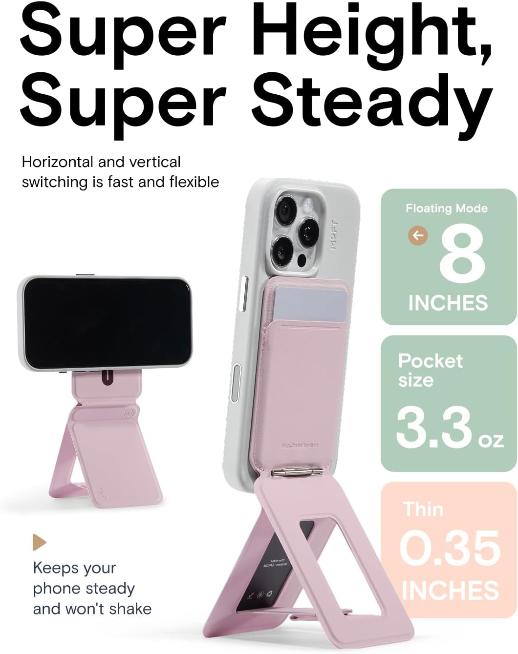 MOFT Phone Tripod Wallet for iPhone, Mulit-Angles, Lightweight & Portable Phone Stand, MOVAS Vegan Leather Magnetic Wallet, Strong Magnets, NFC Card Holder,Travel Essential, Blush (with Card Slot)