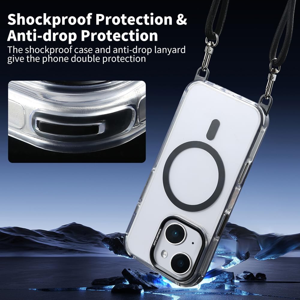 for iPhone 13/14 Case with 62.99 inch Lanyard, Classic Clear&Black Magnetic Phone Case, Drop&Shockproof Protection Cases, Phone Lanyard for Around The Neck, Compatible with Magnet Accessory