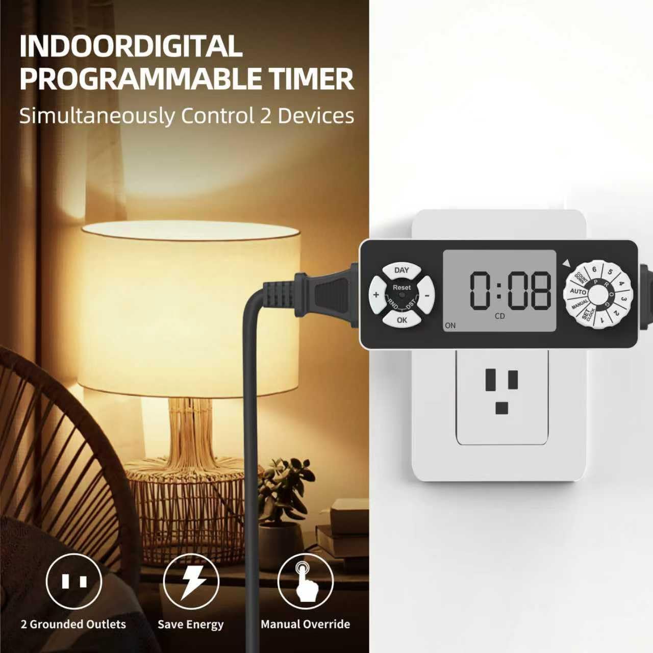 TiFFCOFiO New Digital Timer Outlet, Dial Programmable Method, Indoor Plug in Light Timer, 2 Polarized Electrical Outlets for Lamps, 6 Sets of Programs, 15A/1875W