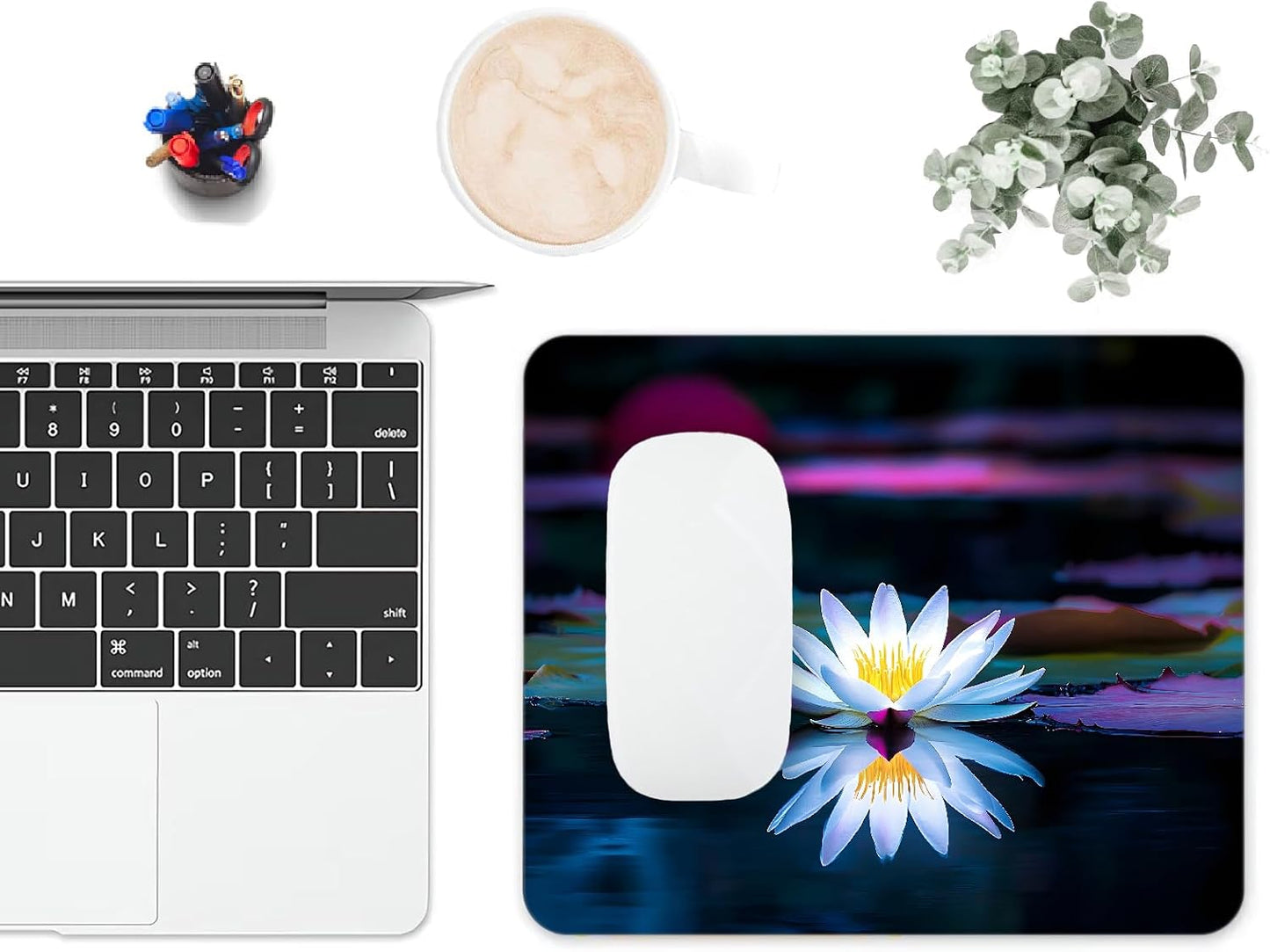 Mouse Pad, Cute Lake White Lotus Flowers Mouse Pads for Desk, 9.5" x 7.9" Non-Slip Rubber Base Computer Mousepad with Women, Portable Square Design for Wireless Mouse and Pad Laptop Office & Travel
