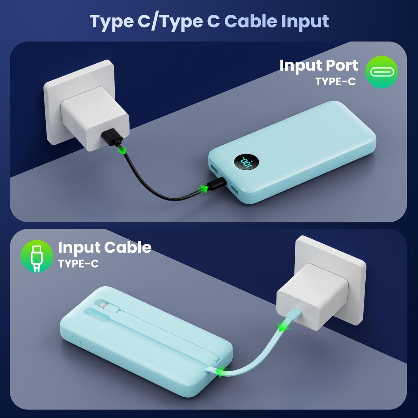 Portable Charger PowerBank 40,800mAh with 2 Built-in Cables,25W PD Fast Charging +QC 4.0 Quick Phone Charging Power Bank, 5 Outputs LCD Display USB C Battery Pack for iPhone 16/15 Android Galaxy etc