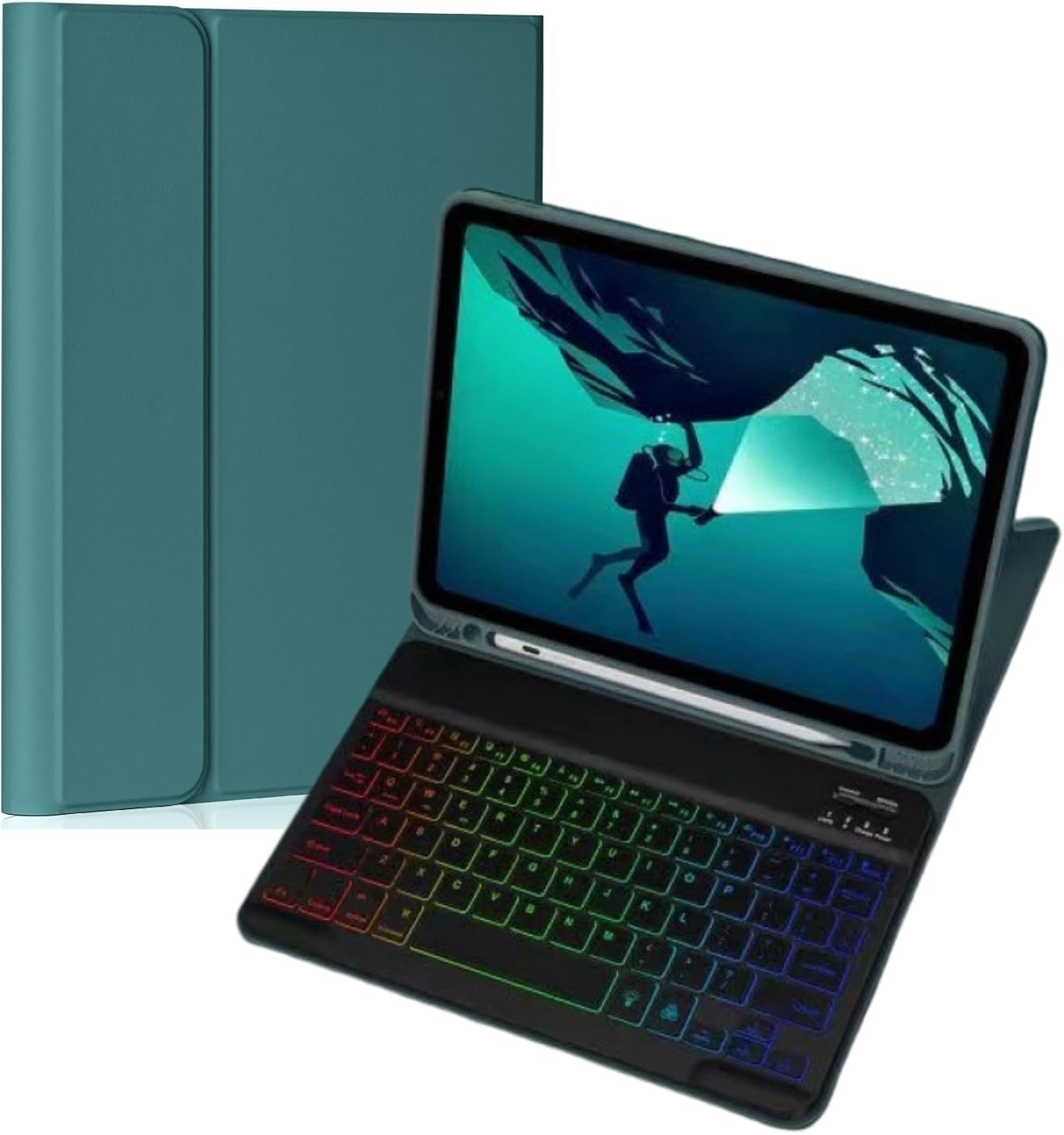 Keyboard Case for Galaxy Tab S6 Lite 10.4 Inch 2024/2022/2020, Slim Lightweight 7 Color Rainbow Backlight Detachable Magnetic Bluetooth Keyboard Cover with S Pen Holder,Teal