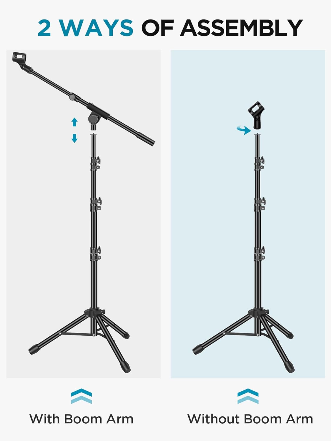 InnoGear Microphone Stand, 2 Pack Tripod Boom Arm Floor Mic Stand Height Adjustable with Carrying Bag 2 Mic Clips 3/8" to 5/8" Adapter for Singing Podcast for Blue Yeti Shure SM58 SM48 Samson Q2U