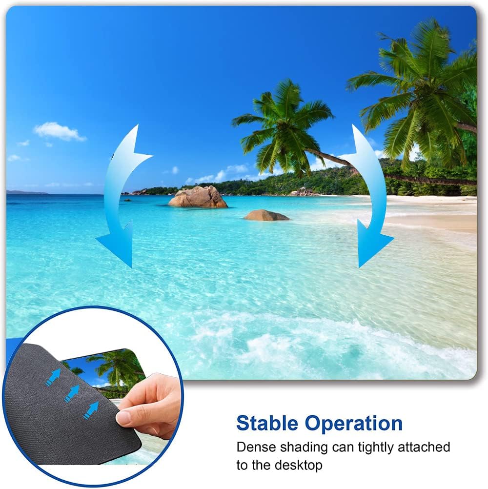 Hokafenle Mouse Pad, Square Beach Style Anti-Slip Rubber Mousepad for Gaming Office Laptop Computer PC Men Women Kids, Cute Custom Pattern, Beach and Coconut Trees Design