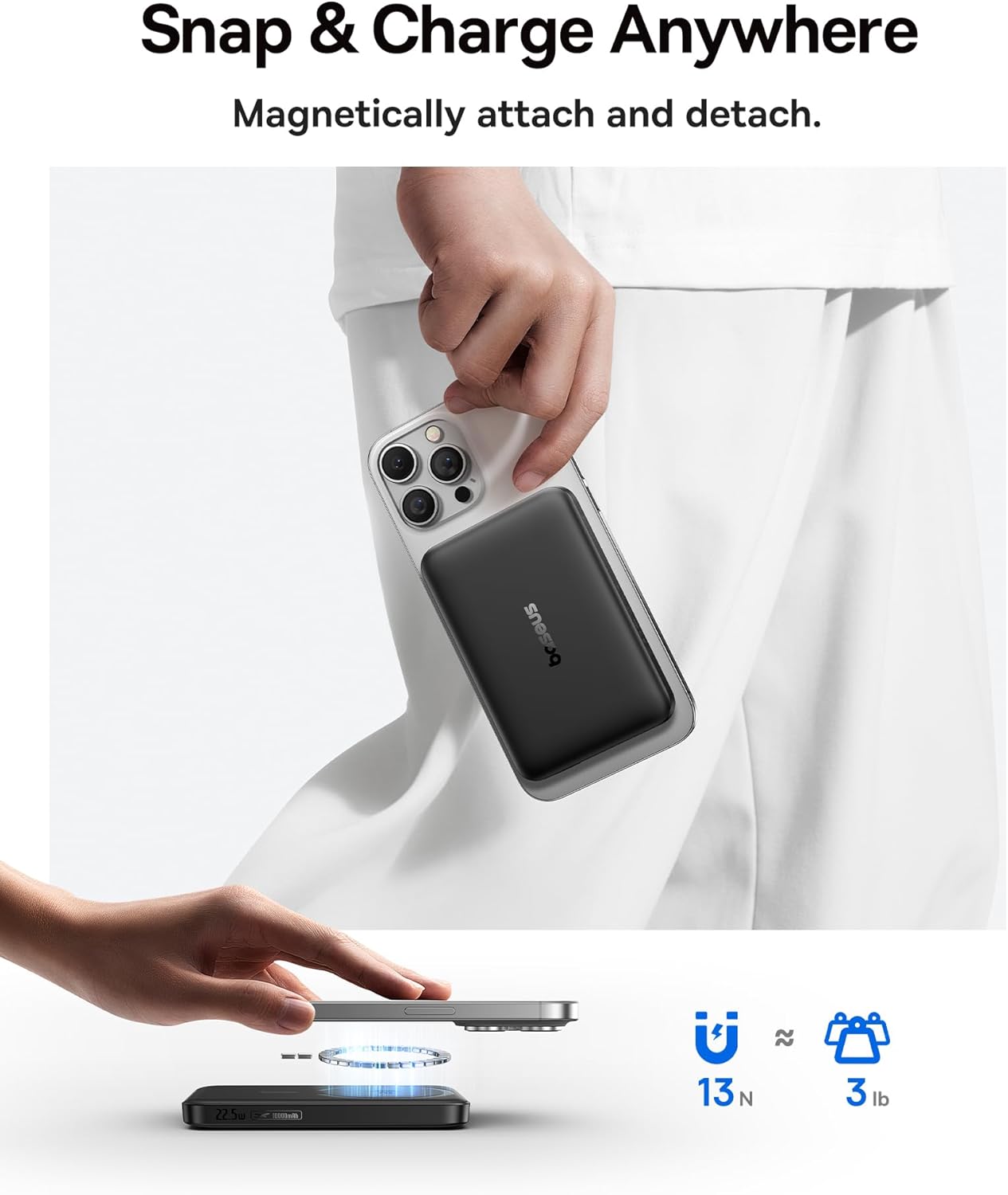 Baseus for MagSafe Portable Charger, Qi2 Certified 15W Wireless Magnetic Power Bank 10000mAh with USB-C Cable 22.5W PD Charging, Battery Pack Compatible with iPhone 16/15/14/13/12 Pro/Pro Max Series