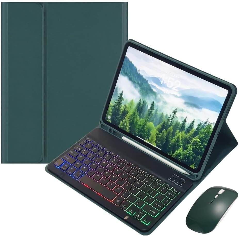 for iPad mini 7 (A17 Pro)/ iPad mini 6th 7th Generation Keyboard Case with Mouse and Rainbow Backlit Detachable Bluetooth Keyboard Cover,Dark Green+Black