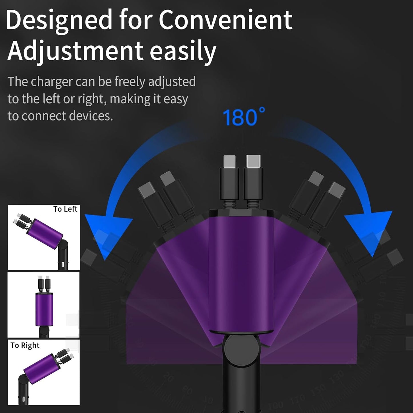 Retractable Car Charger Compatible with Galaxy Pixel, 4 in 1 Fast Charging 60W, Retractable Phone Charger for Car Retractable Cable and 2 USB Ports