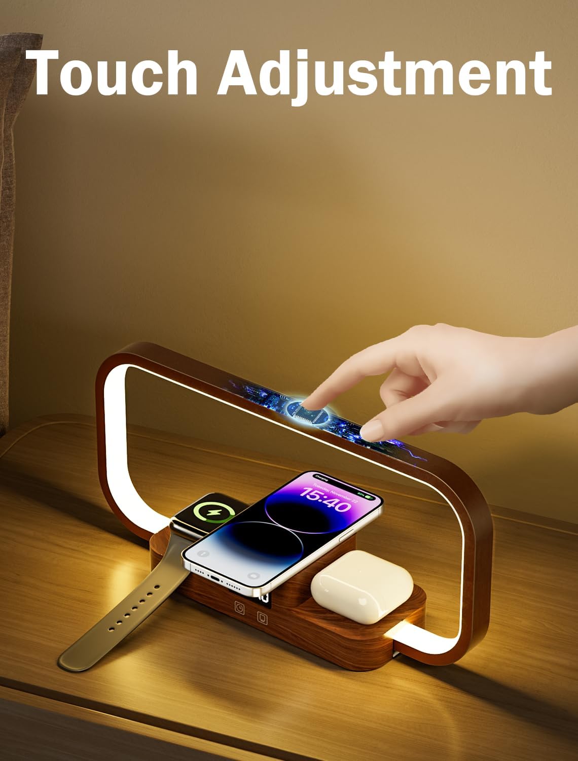 LED Bedside Lamp with Wireless Charger, 3 in 1 Touch Control Bedside Lamp, 5 Color Mode & Dimmable, Desk Lamps with Clock for Nightstand, Table Night Lamp for Bedroom, Gifts for Women, Men, Friends