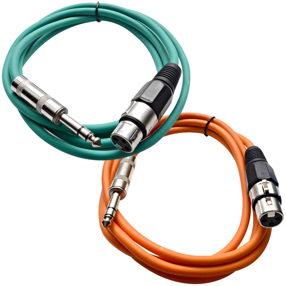 Seismic Audio - SATRXL-F6-2 Pack of 6 Foot 1/4 Inch TRS to XLR Female Patch Cables - Balanced - 6 Foot Patch Cord - Green and Orange