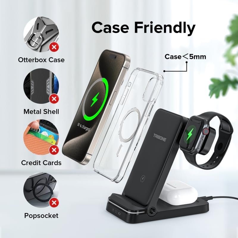Wireless Charger, Tribone 3 in 1 Foldable Fast Charger for iPhone 16 15 14 13 12 11 Pro Max XR XS 8 Plus,for Multiple Devices,for Apple Watch 10 9 8 7 6 5 4 3 2 SE Ultra,for AirPods Pro 4 3 2, Black