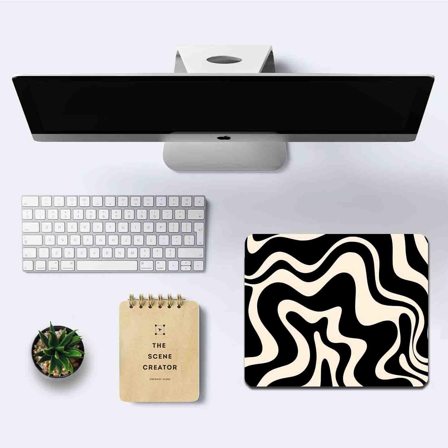IMAYONDIA Black and White Mouse Pad, Liquid Swirl Retro Mouse Pad, Abstract Pattern Mousepad, Modern Art Cute Desk Decor, Anti Slip Rubber Base Portable Mice pad for Computer Office, 9.5 x 7.9 Inch