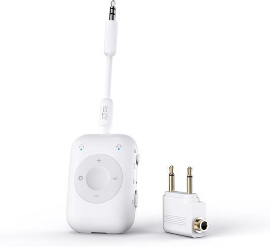 MEE audio Connect Air Pro Bluetooth Wireless Audio Transmitter & Receiver for AirPods or Bluetooth Headphones, 2-in-1 Adapter with Detachable Cable 3.5mm Aux Audio Jack for Airplanes, Auto, Gym, White