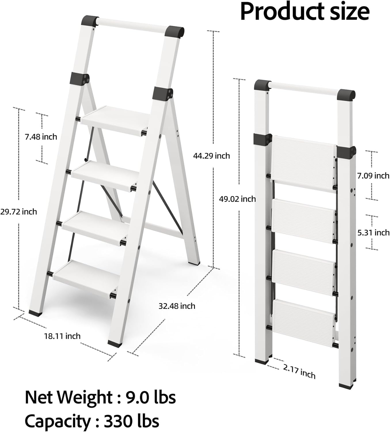 Taranta 4 Step Ladder, Lightweight Aluminum Step Stool with Convenient Handgrip, Folding Ladder with Anti-Slip Pedals, 330lbs Capacity Stepladder for Home, Office, Kitchen - White