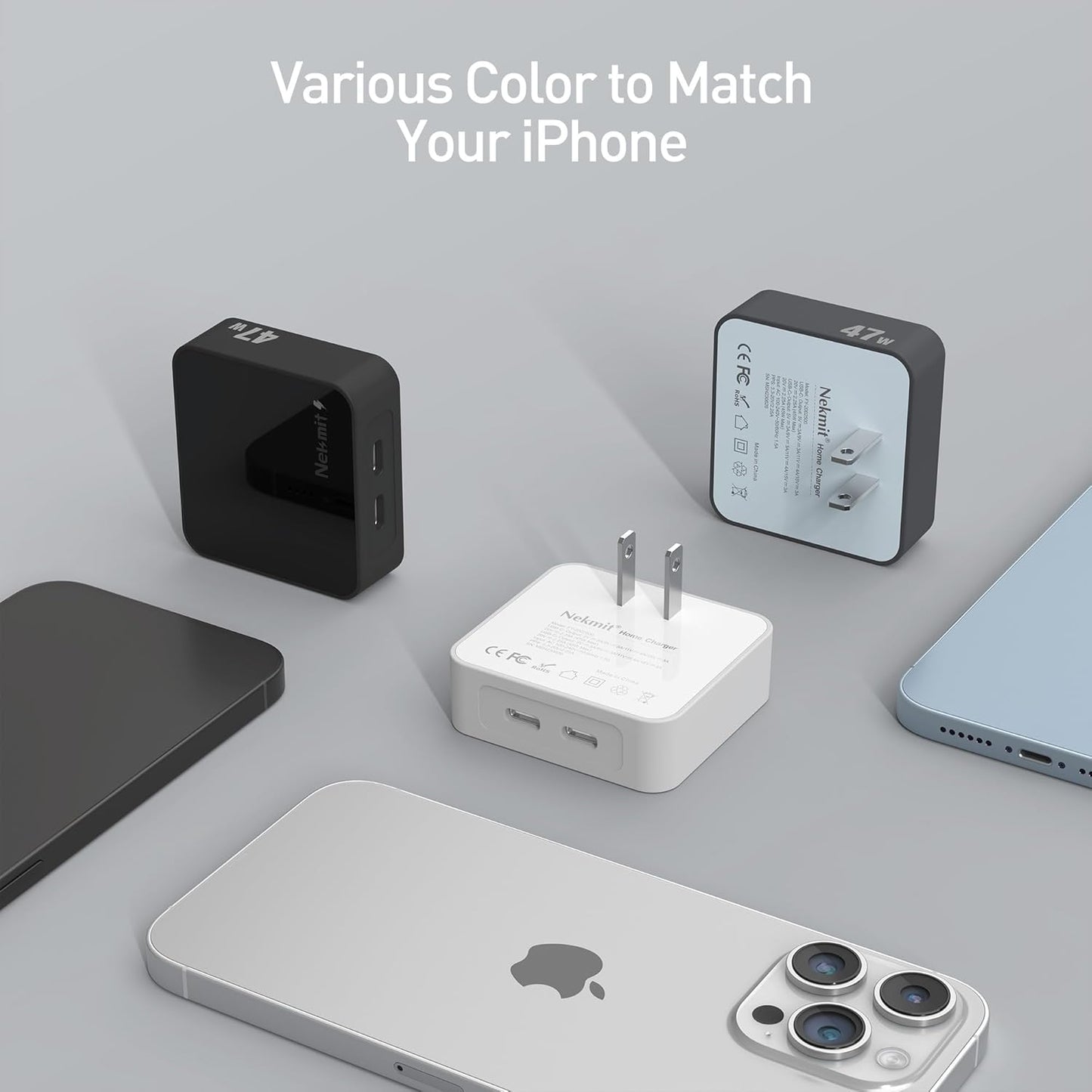 Nekmit Flat USB C Wall Charger, 47W Dual Ports USB C Charger Block, PPS Fast Charging Wall Plug for iPhone 15/15 Pro/15 Pro Max, Galaxy, MacBook Air, iPad, AirPods and More (Blue)