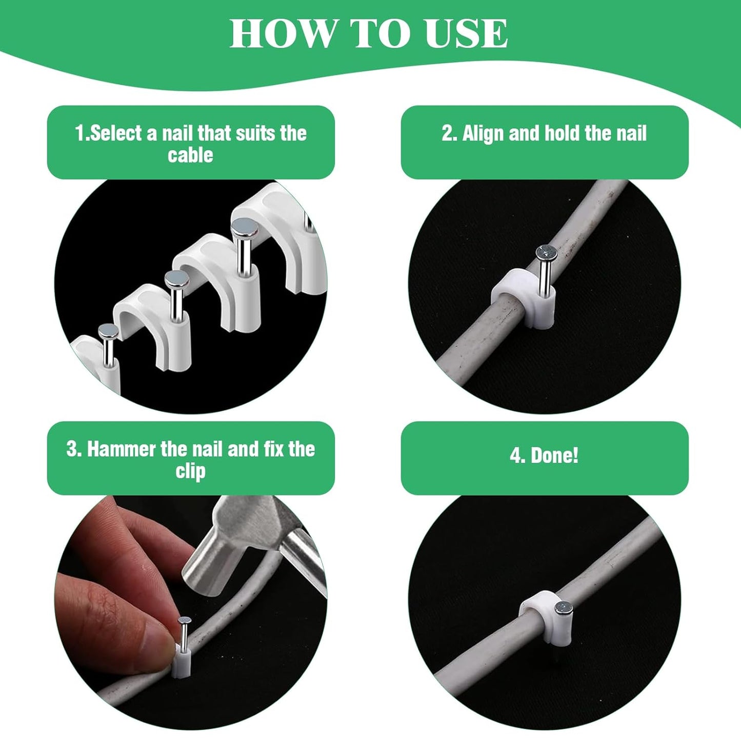 800Pcs 4mm 6mm 8mm 10mm J-Hook Ethernet Cable Nails Wire Clips with Steel Nails and 5/8" 3/4" 1/2" 1" Insulated U Staple Nail for Home Office Business