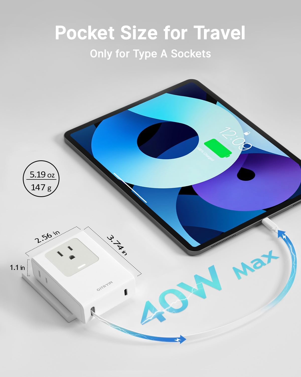 Flat USB C Wall Charger with 31.5in Retractable Type-C Cable, 5-in-1 Slim Wall Charger, 40W Fast Charging Power Plug with 3 Outlets 1 USB C Port, Type A Power Adapter for US to Japan Travel