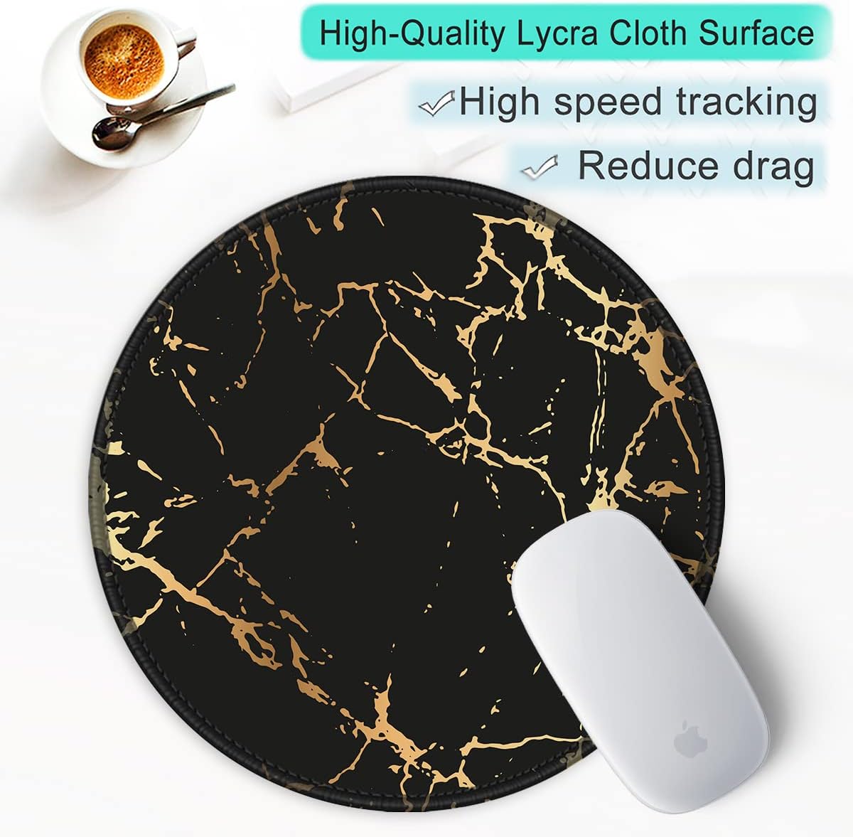 ITNRSIIET Round Mouse Pad with Stitched Edge Premium-Textured Waterproof Non-Slip Rubber Base Desktop Protection Mat Diameter 8.7 inches, Gold Texture Black Marble