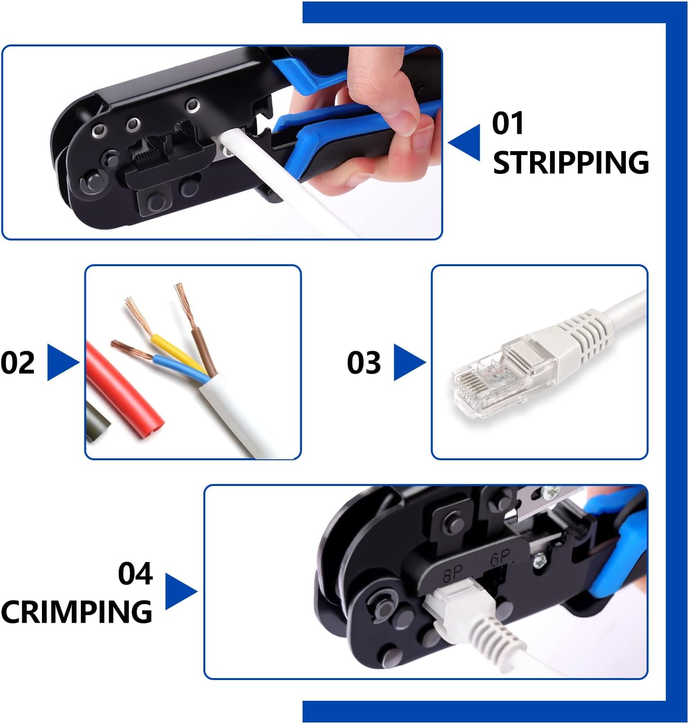 Delgada RJ45 Ethernet Crimping Tool kit,4in1 Professional Cutter Stripper Network Crimper for RJ-11,6P/RJ-12,8P/RJ-45 Crimp,with 20pcs Cat5 Cat5e RJ-45 Connectors-20PCS Covers-1 Network Wire Stripper