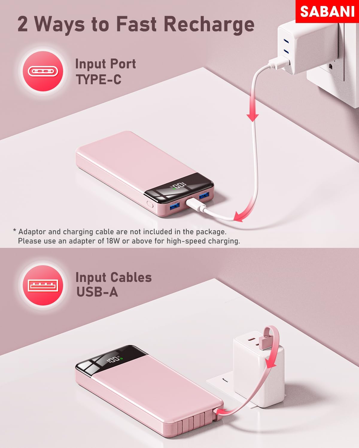 SABANI Portable Charger 35000mAh Power Bank - Portable Battery with 4 Built in Cables, 22.5W Fast Charging Battery Pack Compatible with iPhone 16 15 14 13 Samsung Android Phone etc (1 Pack, Pink)