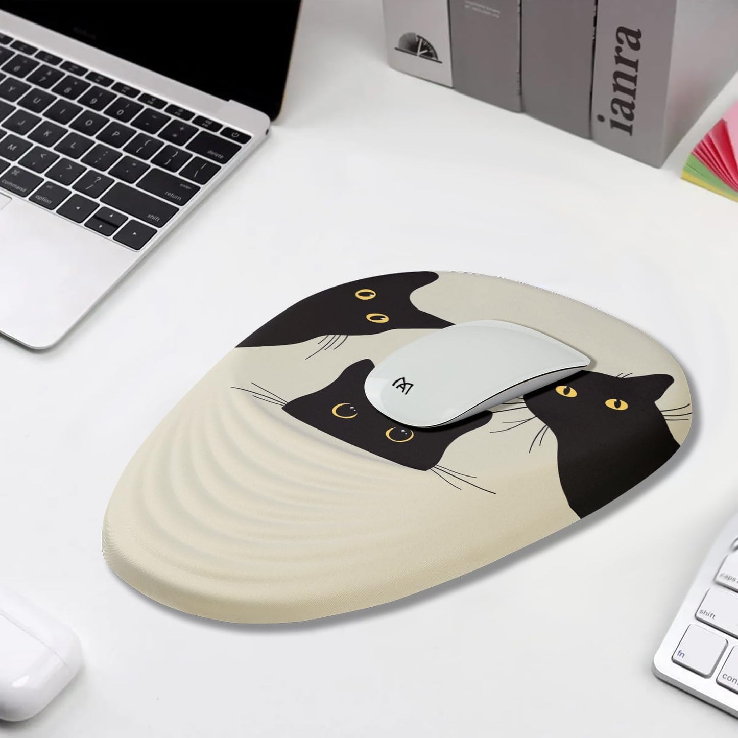 Mouse Pad, Ergonomic Mouse Pad with Wrist Rest Support and Non-Slip PU Base, Cute Computer Mousepad for Pain Relief, Office & Home, Beige Three Cats