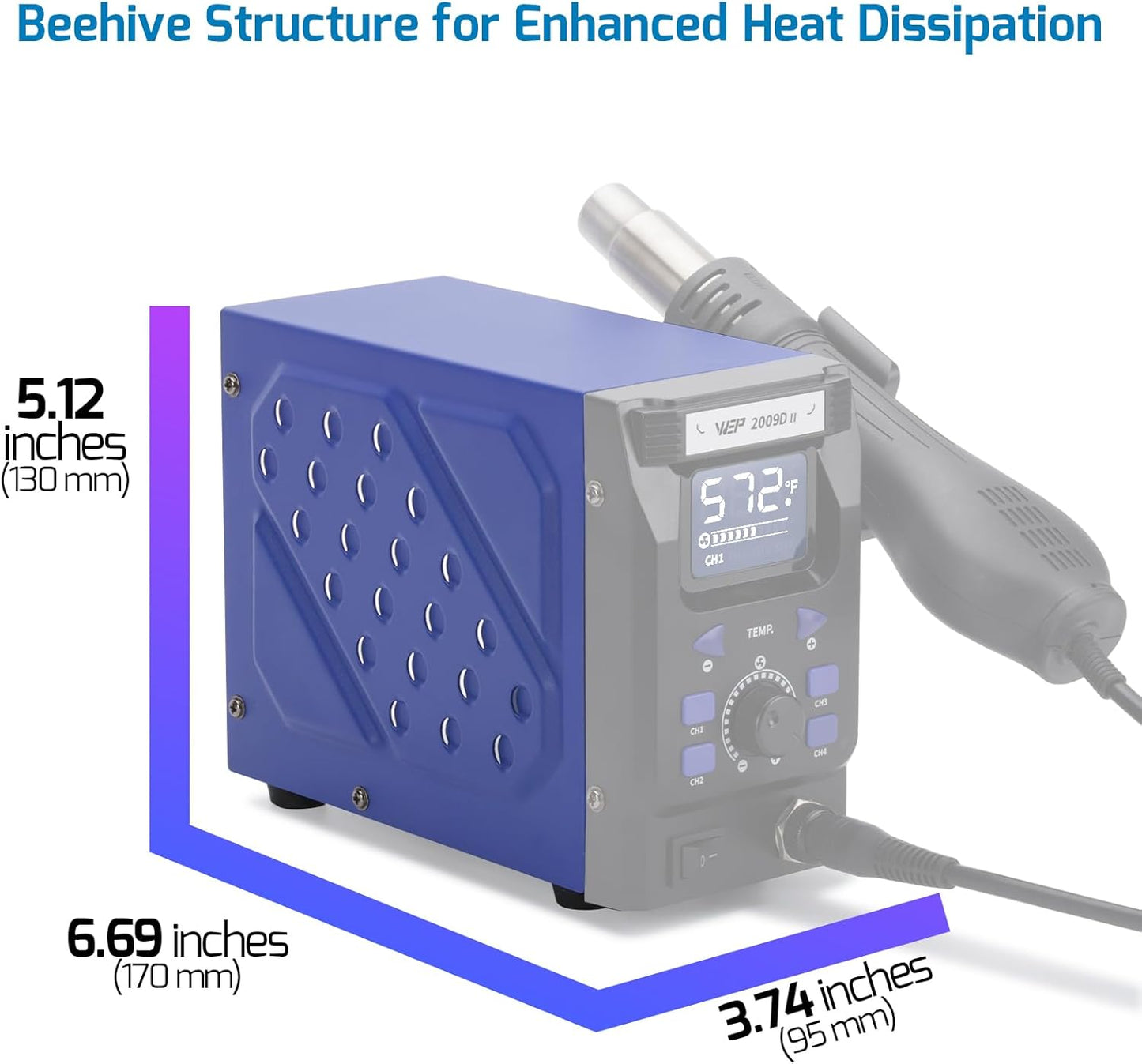 WEP 2009D-II Hot Air Soldering Station, Hot Air Rework Station with Detachable Soldering Heat Gun, 4 Preset Channels, Digital LED Display, Adjustable Temperature 212-896°F, PID Temp Stabilization
