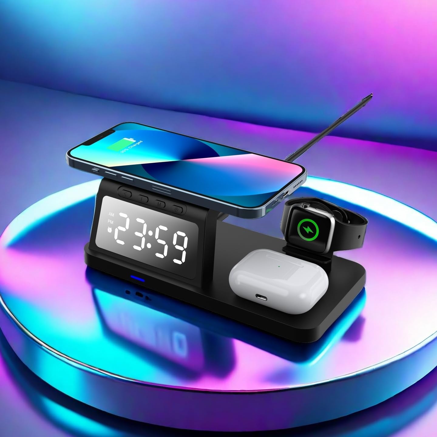 4-in-1 Wireless Charging Station with Clock Display, Compatible with iPhone, Apple Watch, AirPods, Black