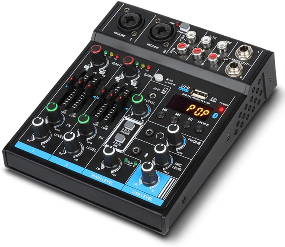 Depusheng M4 Portable Mini Mixer 4-Channel Audio Mixer DJ Console with Sound Card, Bluetooth Function, USB, 48V Phantom Power for PC Recording Webcast Party