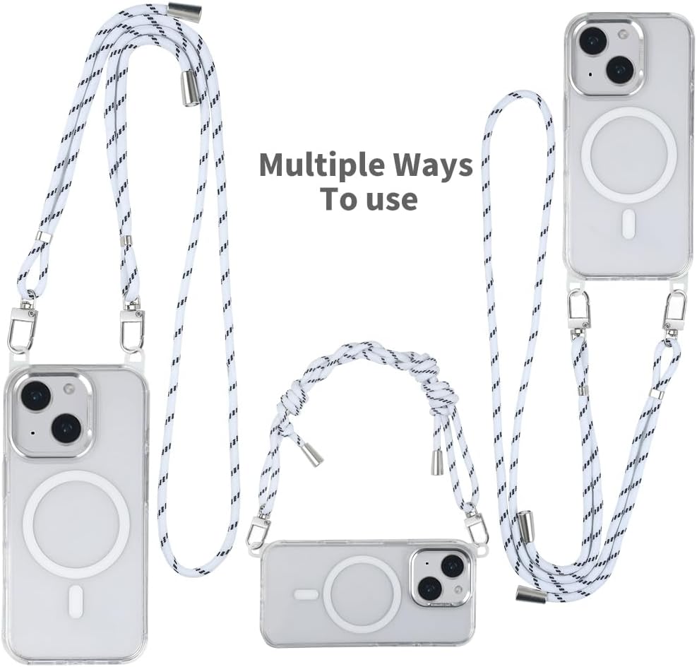 for iPhone 13/14 Case with 62.99 inch Lanyard, Classic Clear&White Magnetic Phone Case, Drop&Shockproof Protection Cases, Phone Lanyard for Around The Neck, Compatible with Magnet Accessory