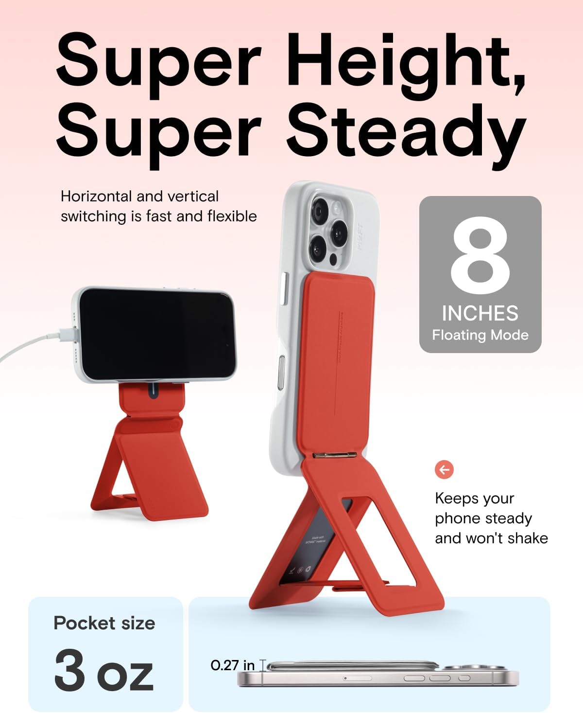 MOFT Phone Tripod Stand Selfie Stick for iPhone, Multi-Angles iPhone Stand, Lightweight & Portable Phone Holder, Strong Magnets, MOVAS Vegan Leather, Travel Essentials, Sunset (Without Card Slot)