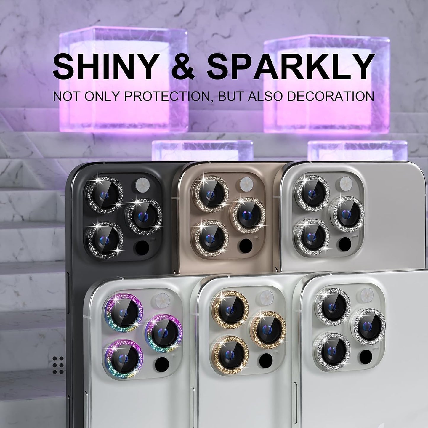 Choiche Compatible for iPhone 16 Pro/iPhone 16 Pro Max Camera Lens Protector Bling, 9H Tempered Glass Camera Cover Screen Protector Metal Ring Decoration Accessories (Glitter-Colorful)