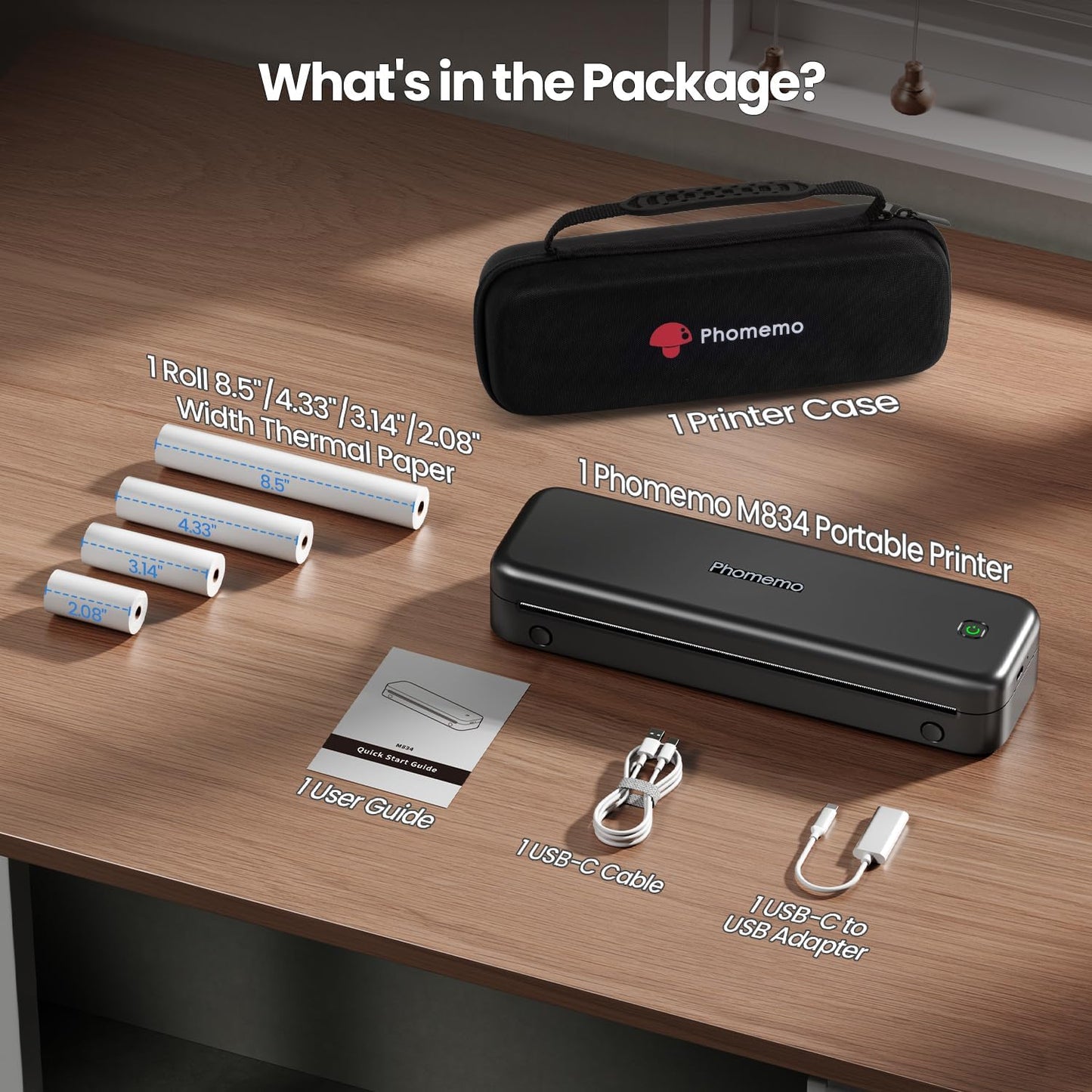 Phomemo Portable Printers Wireless for Travel Upgraded, M834 Bluetooth Thermal Printer 8.5" x 11"& A4 Size,Inkless Mobile Printer with Carry Case for Travel,Office,School,Car,Home,Black