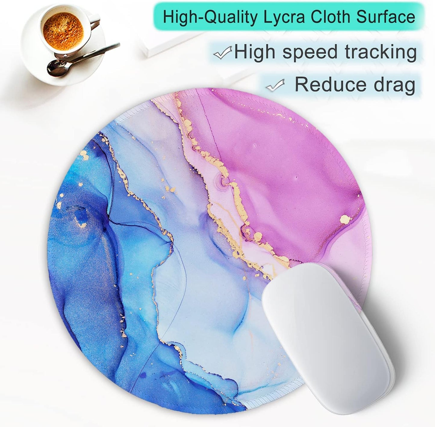 ITNRSIIET Round Mouse Pad with Stitched Edge Premium-Textured Waterproof Non-Slip Rubber Base Desktop Protection Mat Diameter 8.7 inches, Blue Purple Marble Art