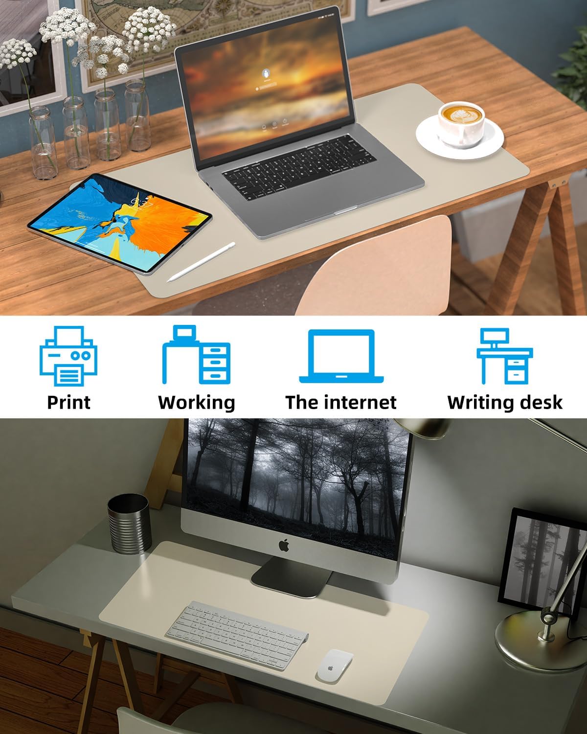 PULeather Non-Slip Desk Mat, Large Mouse Pad & Laptop Desk Pad - Waterproof Writing Pad for Office & Home (Beige, 35.4" x 17")