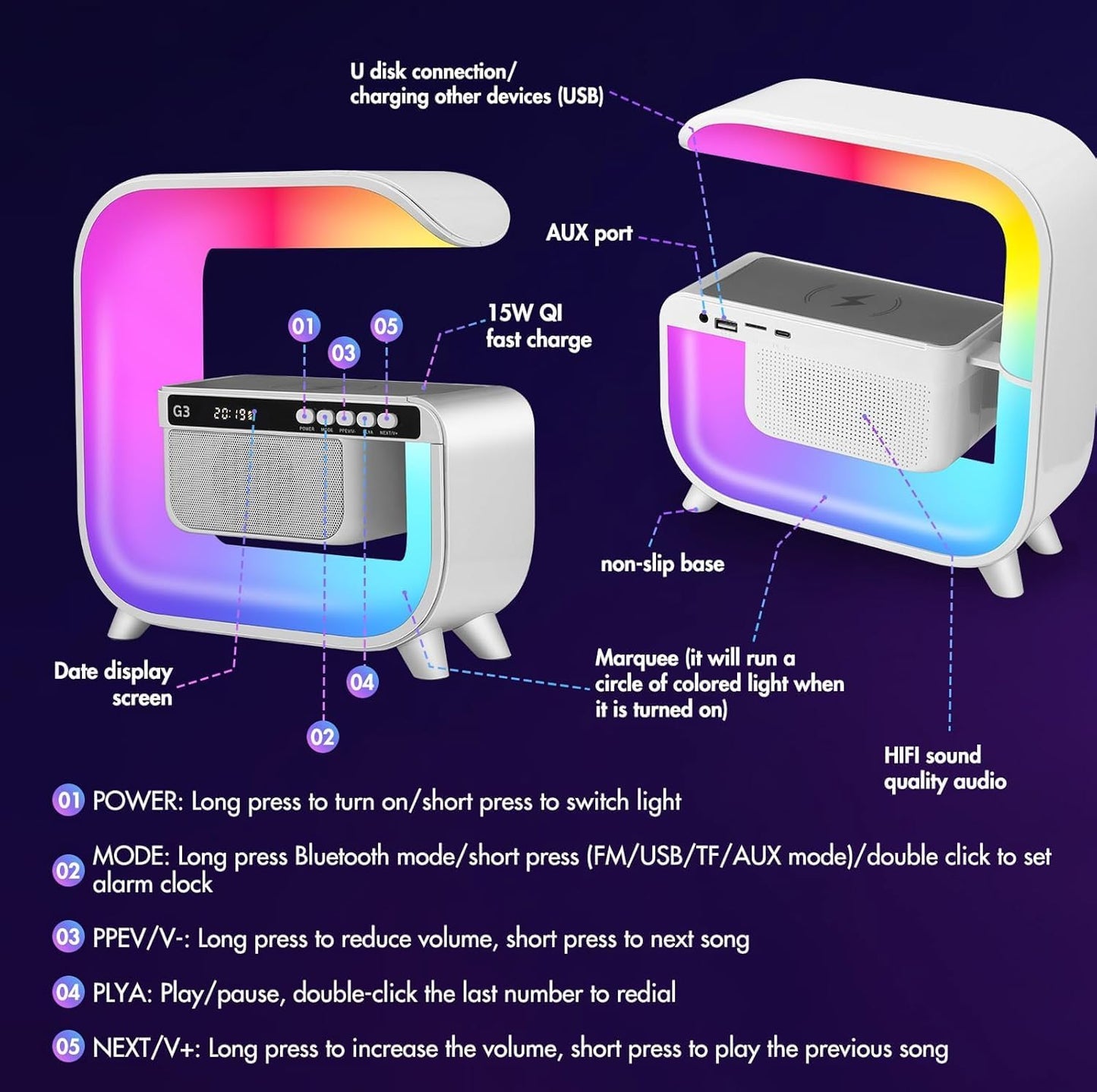 Table Lamp with Hi-Fi Bluetooth Speaker, Bedside LED Lamp with Up to 15W Qi Wireless Charger, Color Changing Mood Lamp with Alarm Clock, Desk Lamp for Bedroom, Nightstand, Home Decor, Gift - g3