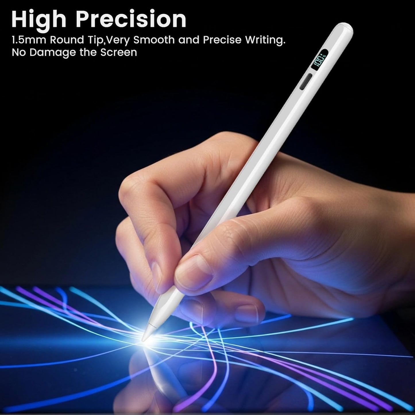 Stylus Pen for iPad M3/M4/9/10th Generation, LED Display Fast Charge Pencil Compatible with Apple iPad Pro A16 6th/7th/8th, Air 5/4/3, Mini 7/6/5(Tilt Sensitivity, Pixel Precision, Palm Rejection)