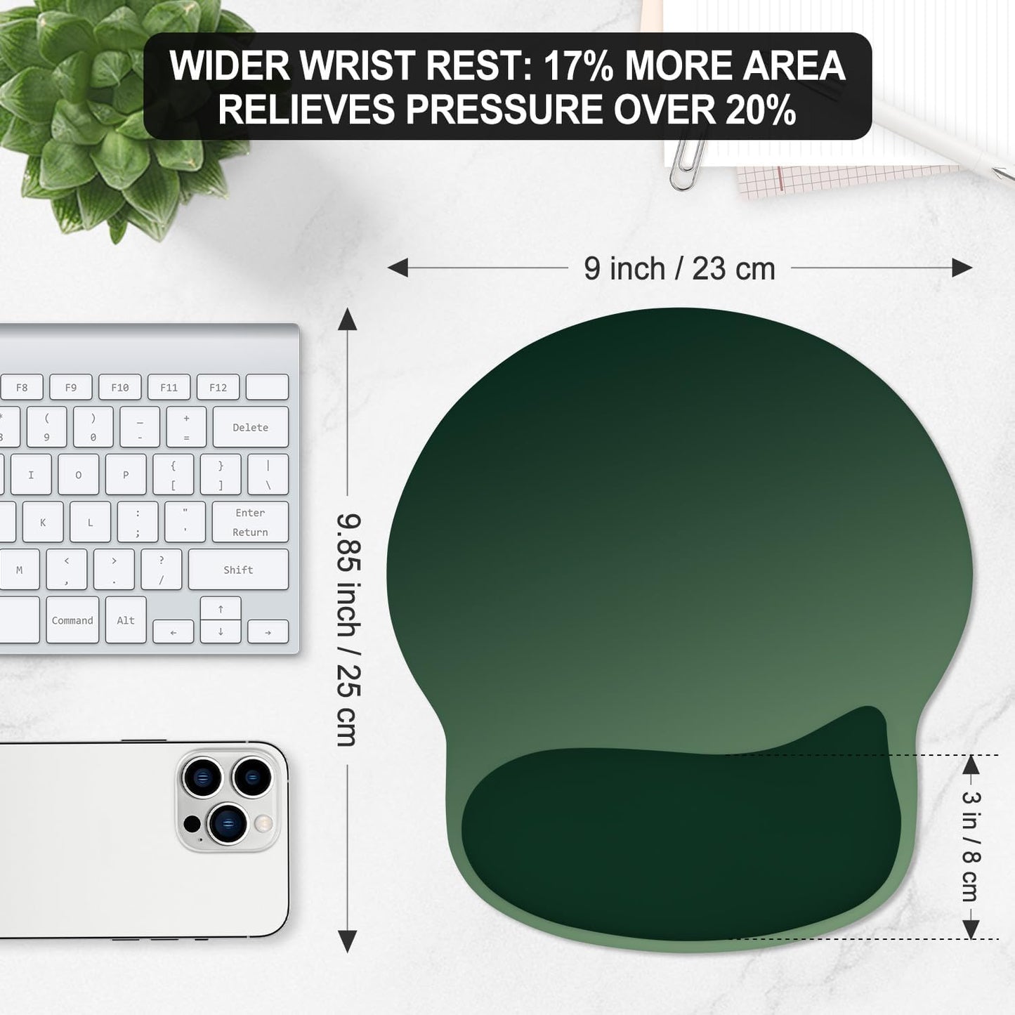 ITNRSIIET Ergonomic Mouse Pad with Wider Memory Foam Wrist Rest +17% - Curved Cushion Reduces Pressure 20%, Pain Relief, Non-Slip, Smooth, Cute Colors, 9.85 x 9 in, Deep Green Gradient