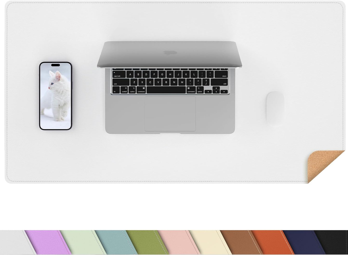 Leather Desk pad Protector, Large Desk mat with Natural Cork & PU Leather,Mouse pad,Non-Slip Office Desk Mat,Waterproof Desk Writing Pad for Office and Home (35in*17in, White)