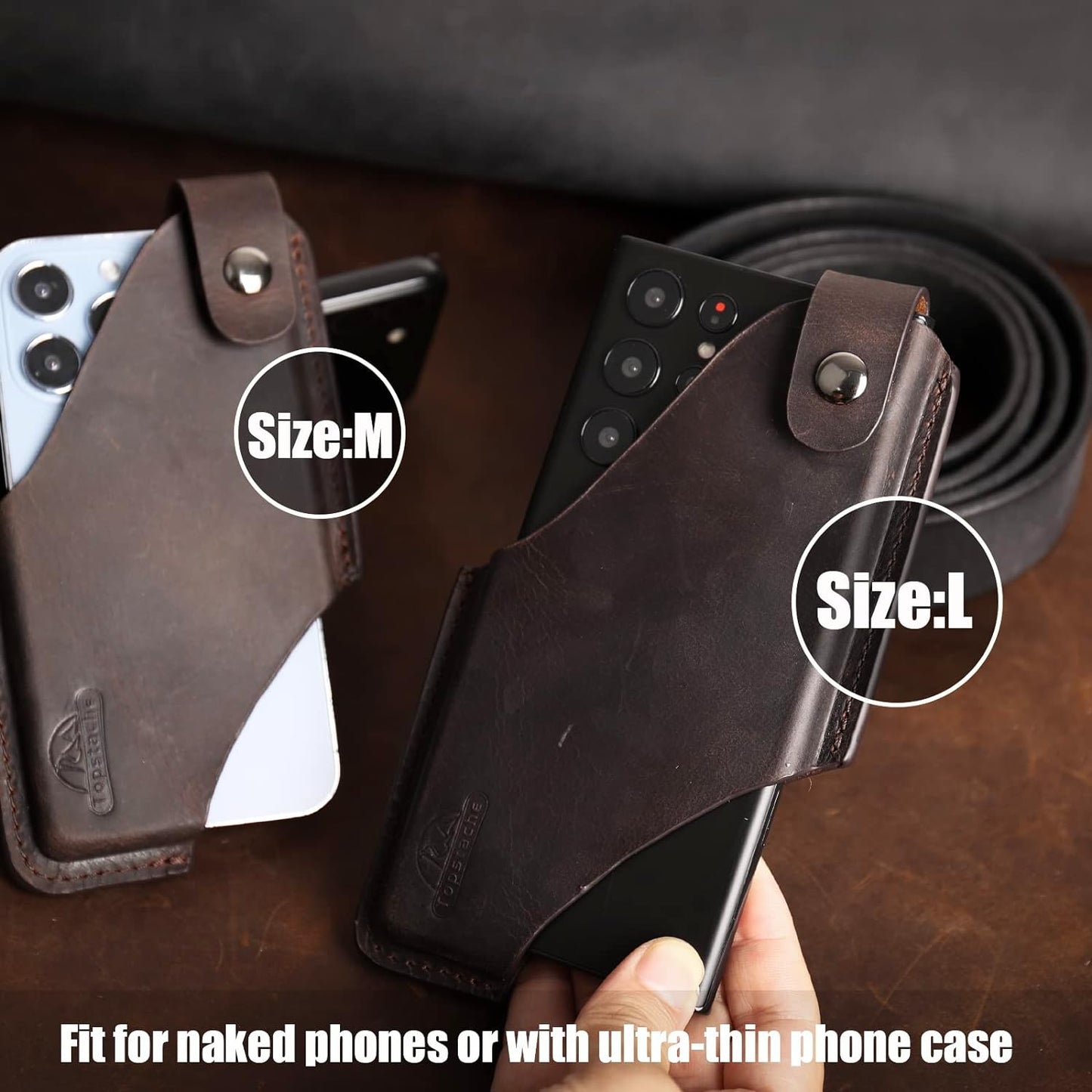 Topstache Leather Phone Holster - Magnetic Clip Case for iPhone & Samsung, Dark Brown