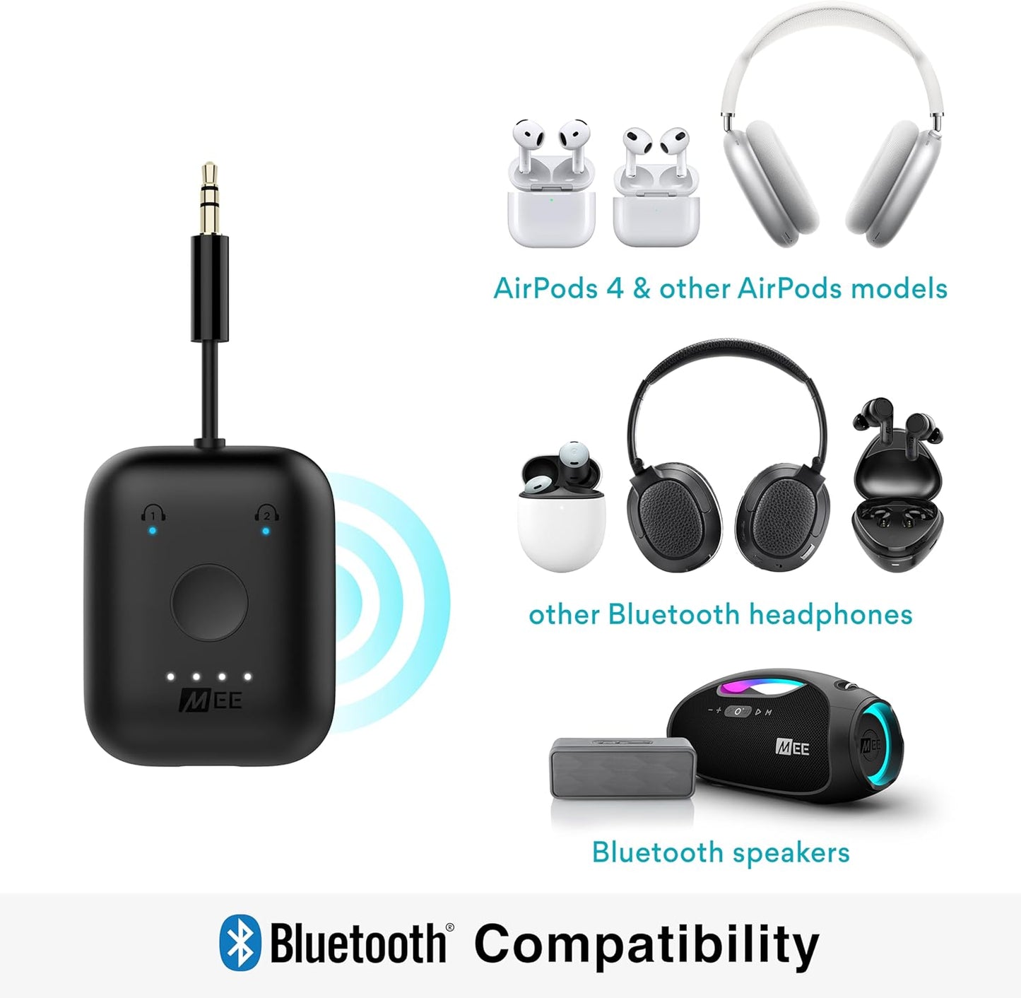 MEE audio Connect Air in-Flight Bluetooth Wireless Audio Transmitter Adapter for up to 2 AirPods/Other Headphones; Works with All 3.5mm Aux Jacks on Airplanes, Gym Equipment, TVs, & Gaming Consoles