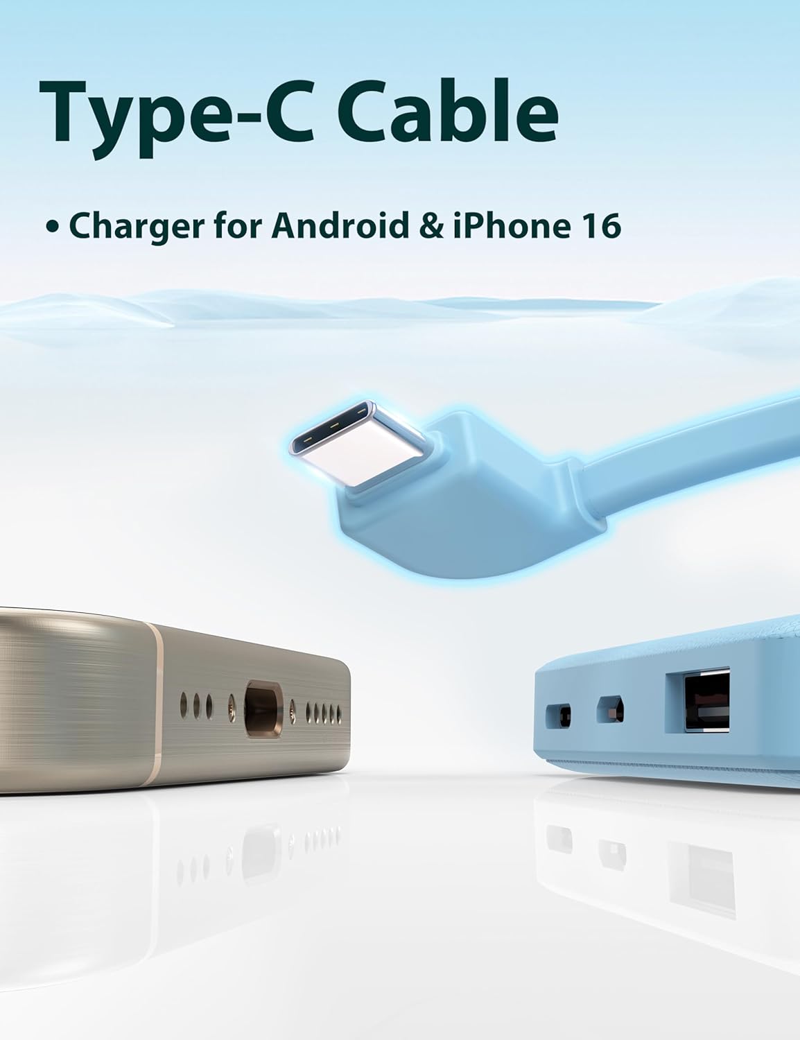 6000mah Ultra Slim Built in Cables Power Bank, Card Size Built in USB C Cords Battery Pack Portable Charger for Phones, 3 Output External Battery Pack Compatible with iPhone, Samsung, Google, Blue