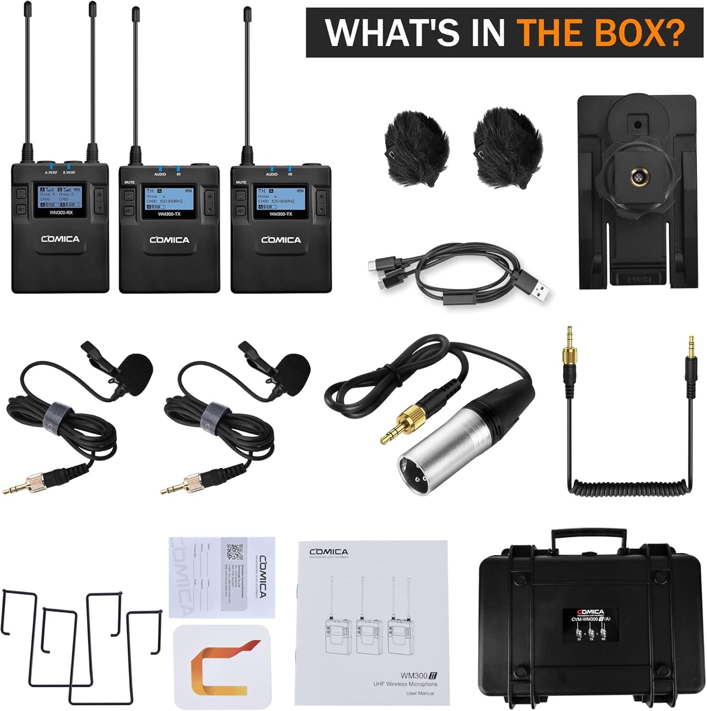 Dual Wireless Lavalier Microphone System,Comica CVM-WM300A UHF 96 Channel Professional Lapel Lav Microphone for DSLR Canon Nikon Sony Camera XLR Camcorder Youtube Interview TV Video Recording(2TX+1RX)