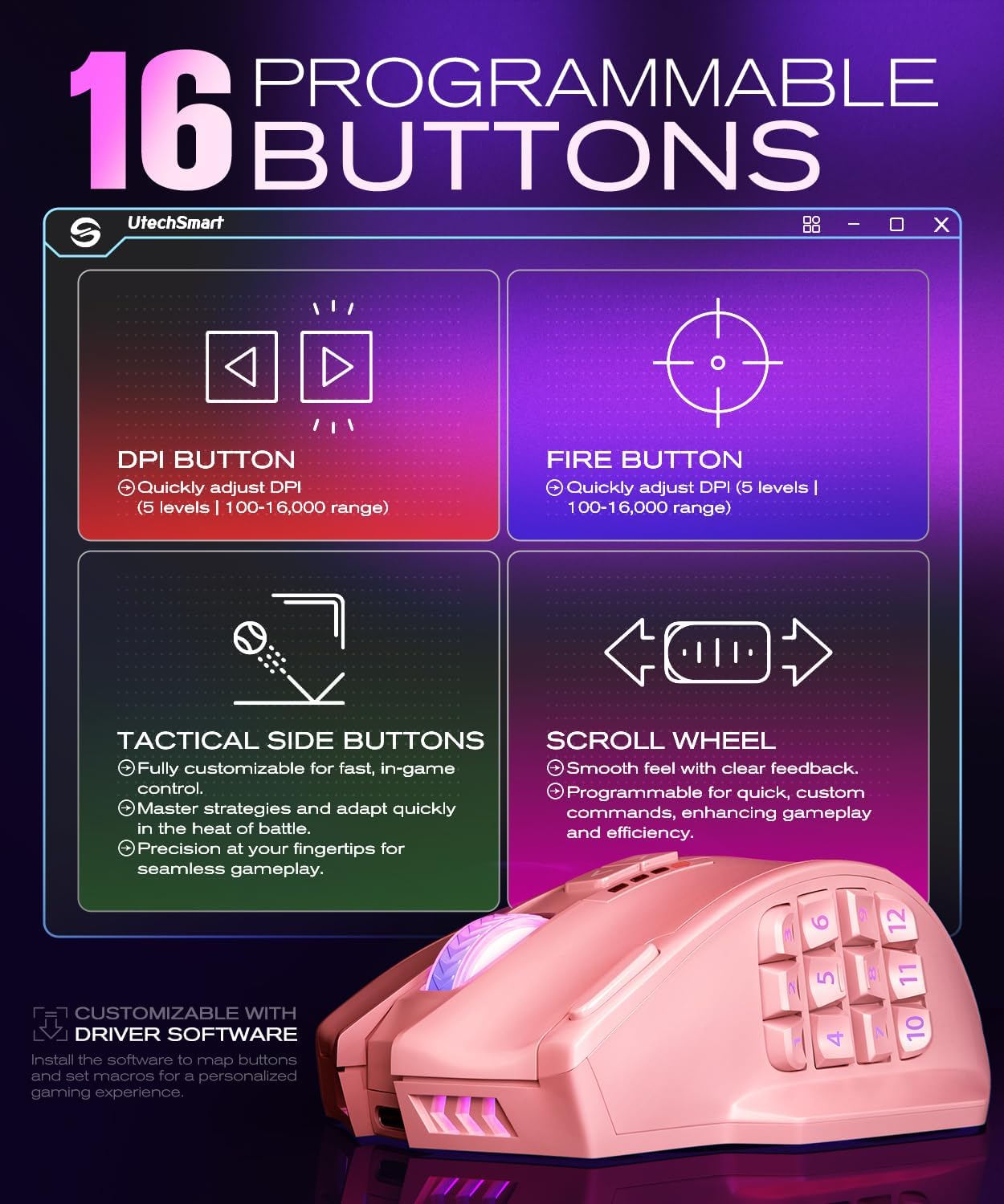 UtechSmart Venus Pro Wireless MMO Gaming Mouse, 16,000 DPI Optical Sensor, Wired/Wireless Dual Modes, 16M Chroma RGB Lighting, 16 Programmable Buttons, Ergonomic Design, Up to 70H, Pink