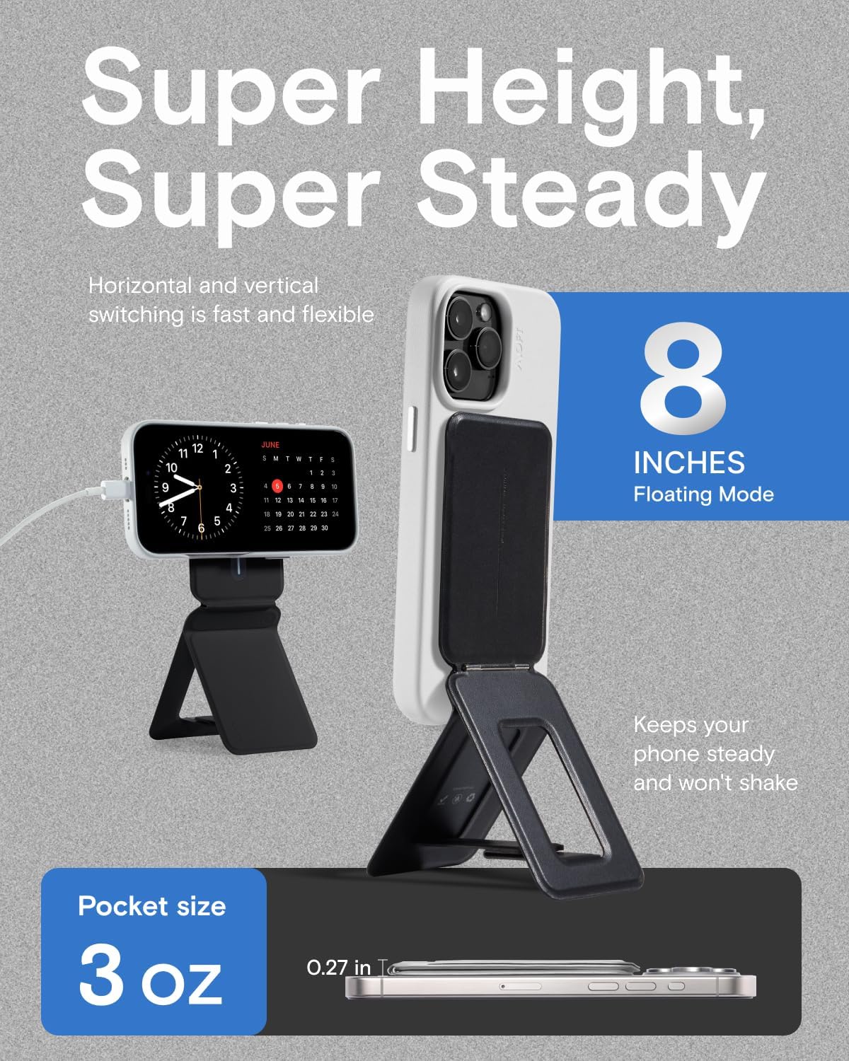 MOFT Phone Tripod Stand Selfie Stick for iPhone, Multi-Angles iPhone Stand, Lightweight & Portable Phone Holder, Strong Magnets, MOVAS Vegan Leather, Travel Essentials, Jet Black (Without Card Slot)