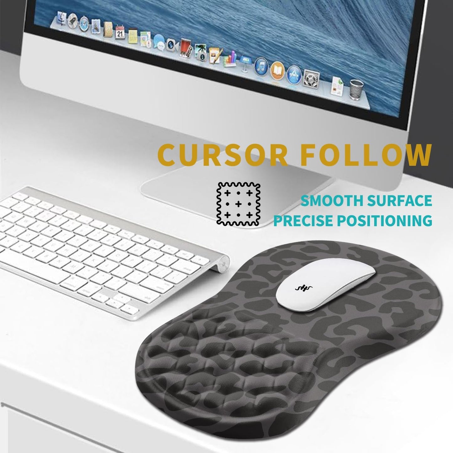 Hokafenle Ergonomic Mouse Pad Wrist Support, Wrist Rest Mousepad for Carpal Tunnel Pain Relief with Integrated Memory Foam Slope Massage Bulge (11.8x7.9 inch,Black Leopard