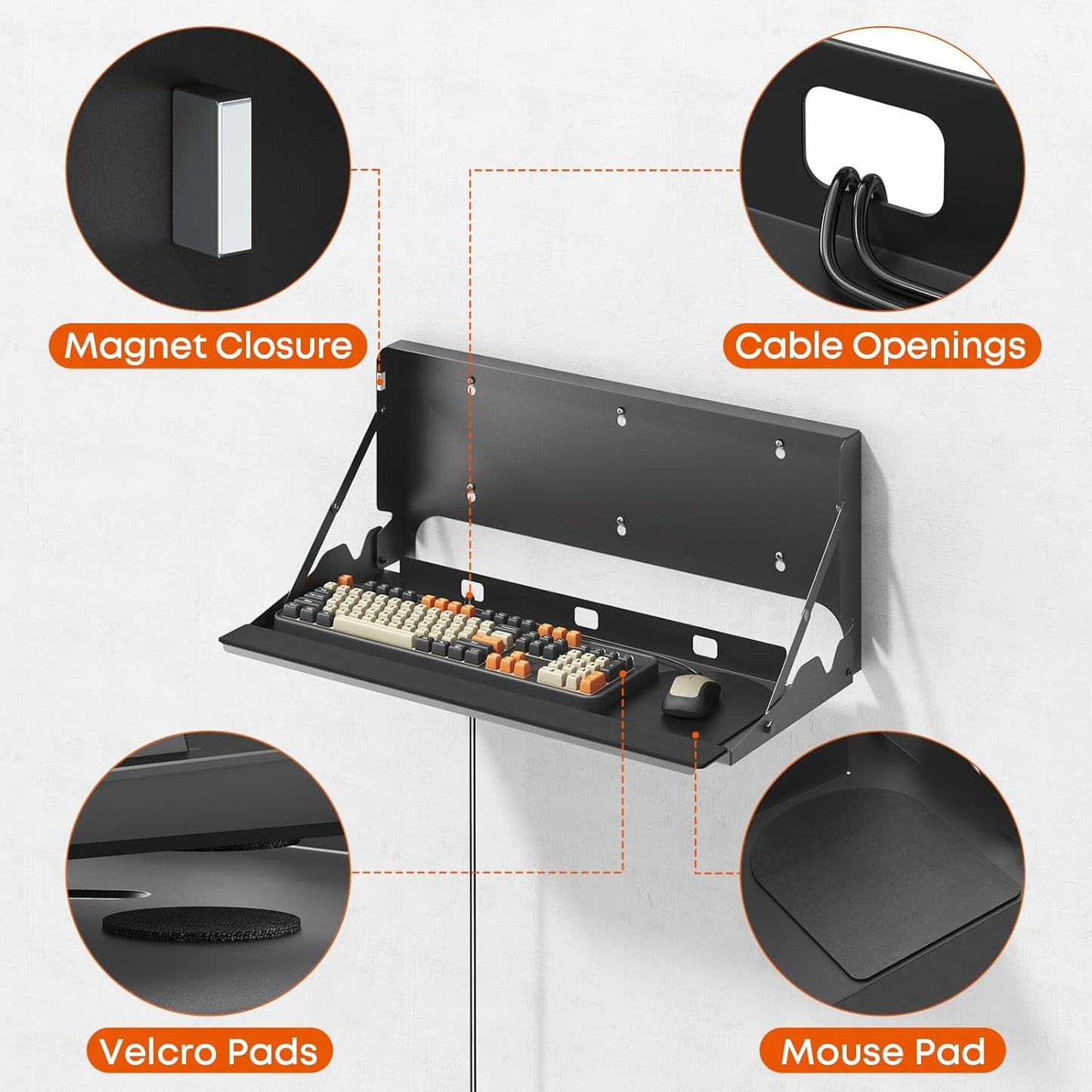 Flip Down Keyboard Tray Wall-Mount - 24 Inch Computer Keyboard and Mouse Platform Tray, Space Saving Design, Mouse Pad and Wrist Pad Included, Holds Up to 22 lbs, Black