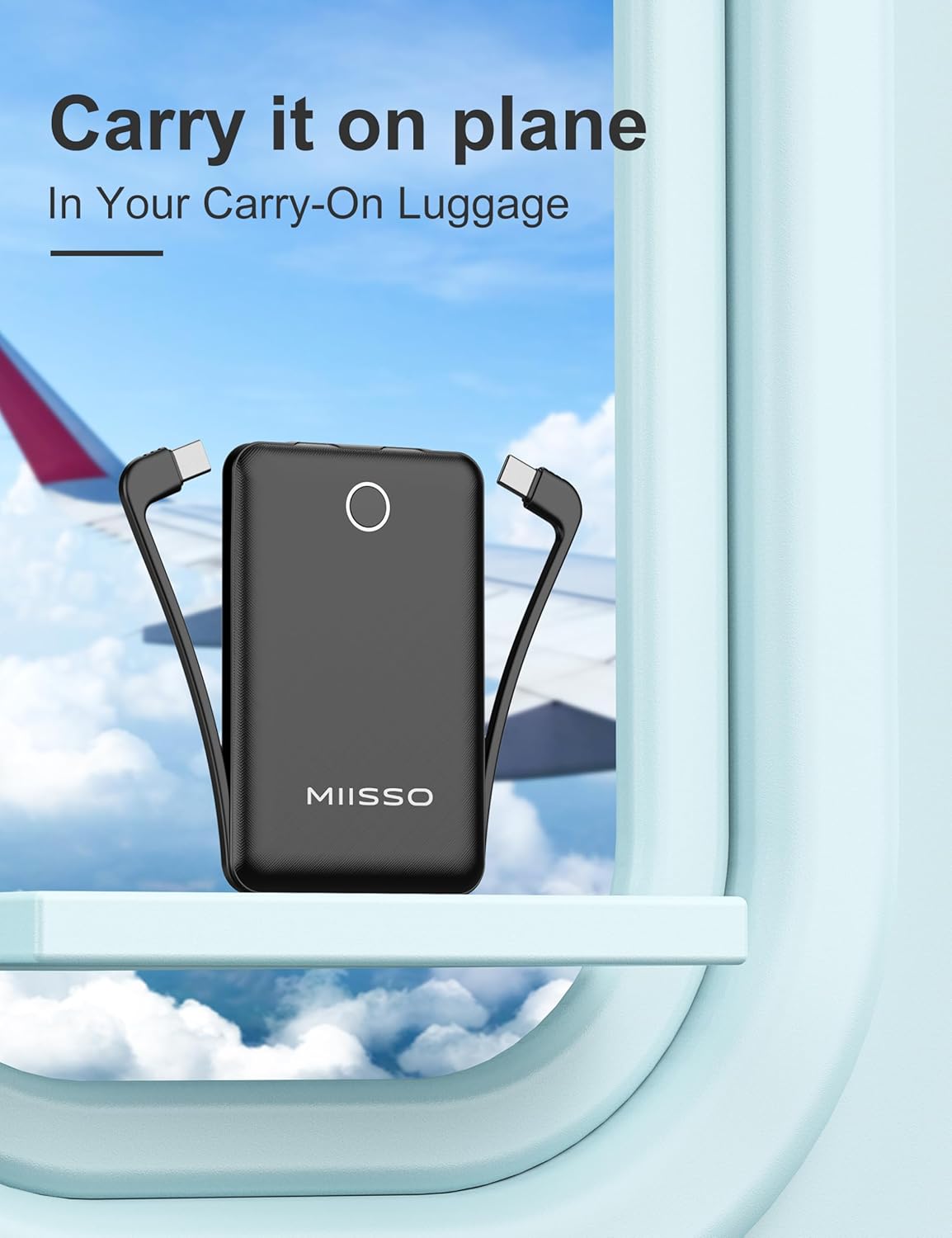 miisso 10000mAh Slim Portable Charger with Built in Cable, Power Bank Travel Charger External Battery Pack for Phone, 3 Output USB Type C Cord Clutch Charger Compatible with iPhone, Black